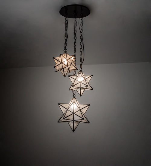 Meyda Lighting Moravian Star 17" 3-Light Timeless Bronze Cascading Pendant Light With Clear Seeded Art Shade Glass