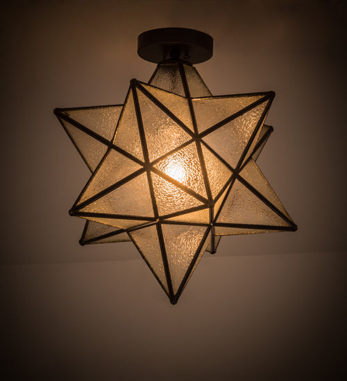 Meyda Lighting Moravian Star 18" Craftsman Brown Flush Mount Light With Clear Seeded Shade Glass