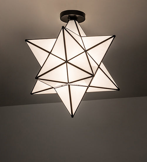 Meyda Lighting Moravian Star 18" Craftsman Brown Flush Mount Light With White Art Shade Glass