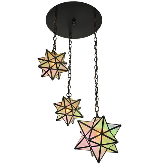 Meyda Lighting Moravian Star 21" 3-Light Oil Rubbed Bronze Cascading Pendant Light With Beige Iridescent Shade Glass
