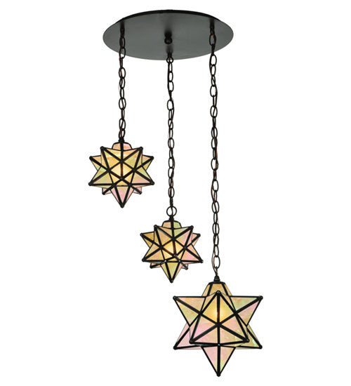 Meyda Lighting Moravian Star 21" 3-Light Oil Rubbed Bronze Cascading Pendant Light With Beige Iridescent Shade Glass
