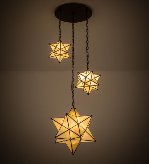 Meyda Lighting Moravian Star 25" 3-Light Oil Rubbed Bronze Cascading Pendant Light With Beige Iridescent Shade Glass