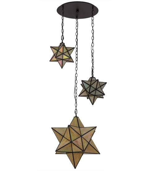 Meyda Lighting Moravian Star 25" 3-Light Oil Rubbed Bronze Cascading Pendant Light With Beige Iridescent Shade Glass