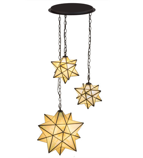 Meyda Lighting Moravian Star 25" 3-Light Oil Rubbed Bronze Cascading Pendant Light With Beige Iridescent Shade Glass