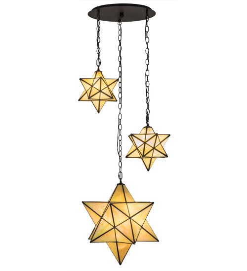 Meyda Lighting Moravian Star 25" 3-Light Oil Rubbed Bronze Cascading Pendant Light With Beige Iridescent Shade Glass