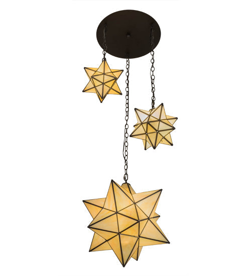 Meyda Lighting Moravian Star 25" 3-Light Oil Rubbed Bronze Cascading Pendant Light With Beige Iridescent Shade Glass