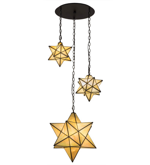 Meyda Lighting Moravian Star 25" 3-Light Oil Rubbed Bronze Cascading Pendant Light With Beige Iridescent Shade Glass