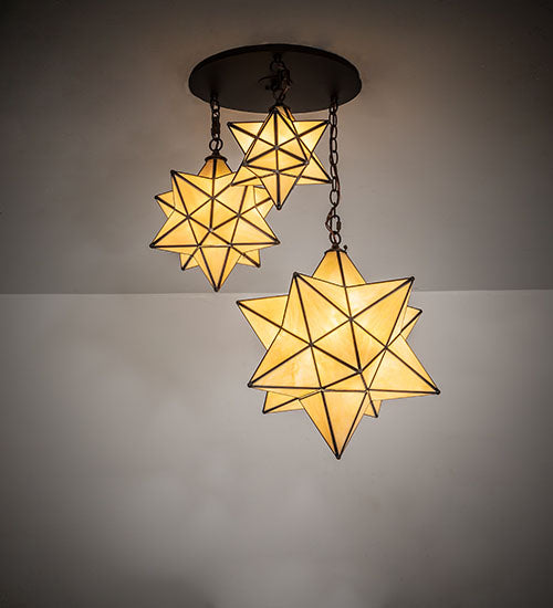 Meyda Lighting Moravian Star 251942 25" 3-Light Oil Rubbed Bronze Cascading Pendant Light With Beige Iridescent Shade Glass