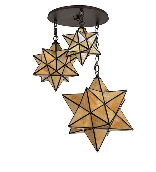 Meyda Lighting Moravian Star 251942 25" 3-Light Oil Rubbed Bronze Cascading Pendant Light With Beige Iridescent Shade Glass