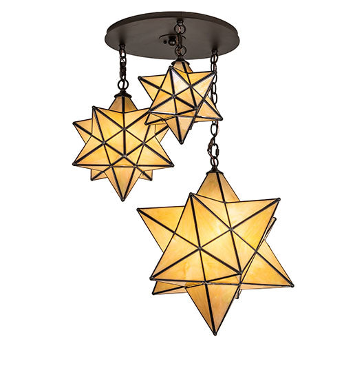 Meyda Lighting Moravian Star 251942 25" 3-Light Oil Rubbed Bronze Cascading Pendant Light With Beige Iridescent Shade Glass