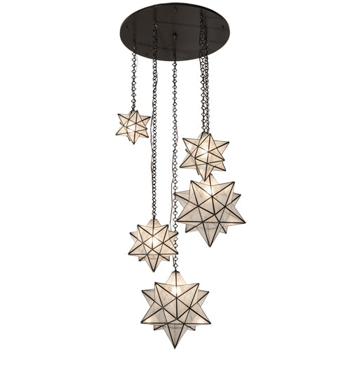 Meyda Lighting Moravian Star 36" 5-Light Timeless Bronze Cascading Pendant Light With Clear Seeded Shade Glass