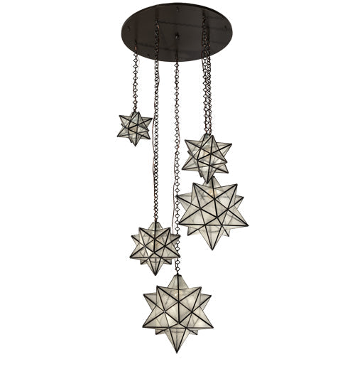 Meyda Lighting Moravian Star 36" 5-Light Timeless Bronze Cascading Pendant Light With Clear Seeded Shade Glass