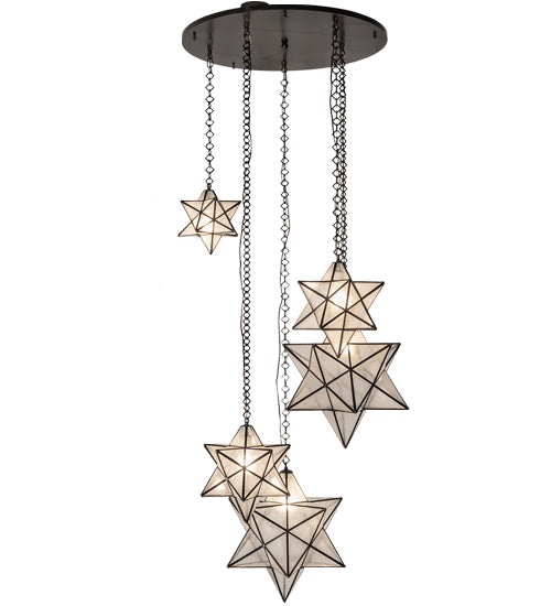Meyda Lighting Moravian Star 36" 5-Light Timeless Bronze Cascading Pendant Light With Clear Seeded Shade Glass