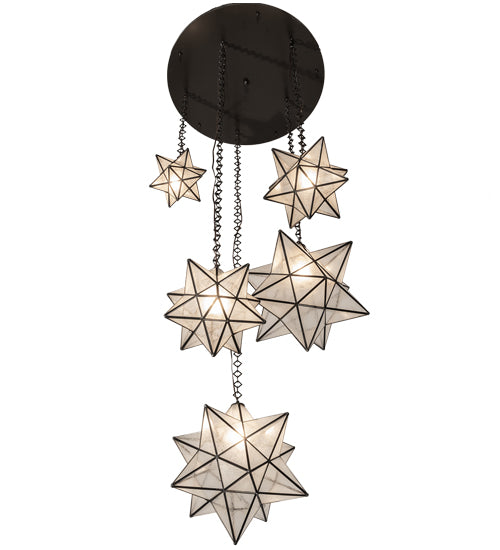Meyda Lighting Moravian Star 36" 5-Light Timeless Bronze Cascading Pendant Light With Clear Seeded Shade Glass