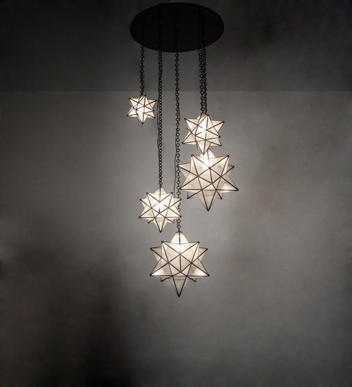Meyda Lighting Moravian Star 36" 5-Light Timeless Bronze Cascading Pendant Light With Clear Seeded Shade Glass