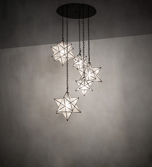 Meyda Lighting Moravian Star 37" 5-Light Timeless Bronze Cascading Pendant Light With Clear Seeded Shade Glass