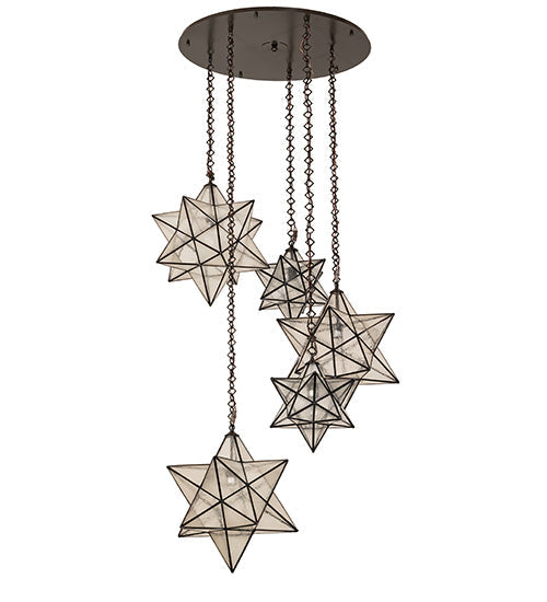 Meyda Lighting Moravian Star 37" 5-Light Timeless Bronze Cascading Pendant Light With Clear Seeded Shade Glass