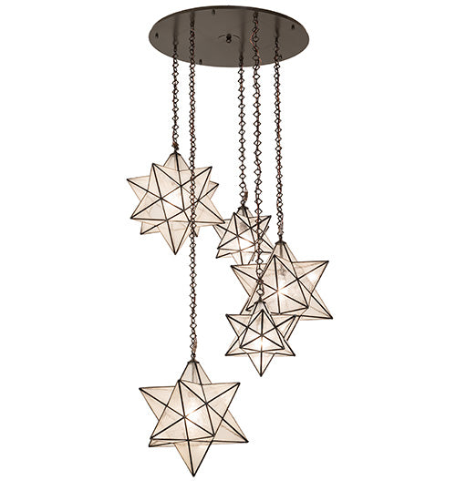 Meyda Lighting Moravian Star 37" 5-Light Timeless Bronze Cascading Pendant Light With Clear Seeded Shade Glass