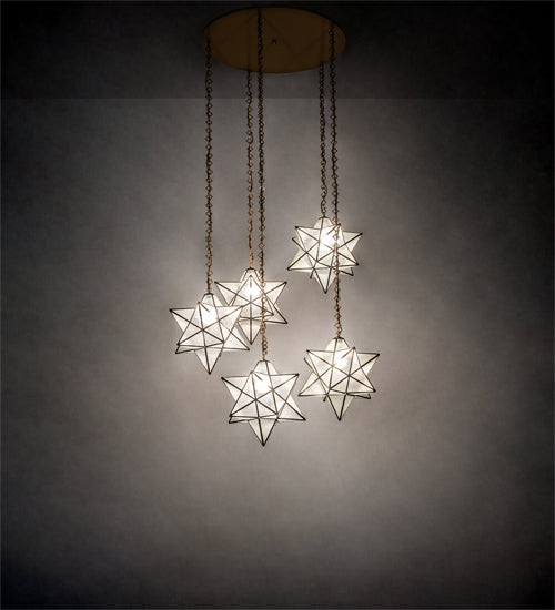 Meyda Lighting Moravian Star 45" 5-Light Sahara Gold Cascading Pendant Light With Clear Seeded Shade Glass