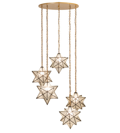 Meyda Lighting Moravian Star 45" 5-Light Sahara Gold Cascading Pendant Light With Clear Seeded Shade Glass
