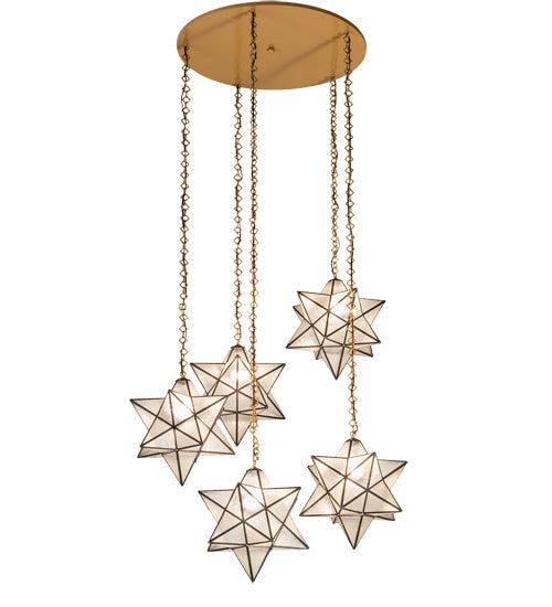 Meyda Lighting Moravian Star 45" 5-Light Sahara Gold Cascading Pendant Light With Clear Seeded Shade Glass