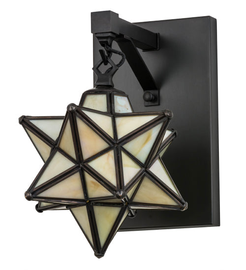 Meyda Lighting Moravian Star 8" Craftsman Brown Wall Sconce With Beige Iridescent Shade Glass