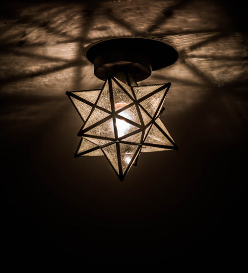 Meyda Lighting Moravian Star 9" Craftsman Brown Flush Mount Light With Clear Seeded Art Shade Glass