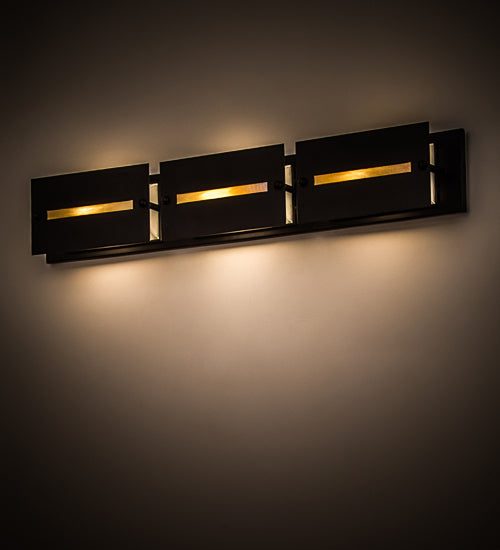 Meyda Lighting Moss Creek 36" 3-Light Solar Black Creekside Vanity Light With Frosted Clear & Beige Shade Glass
