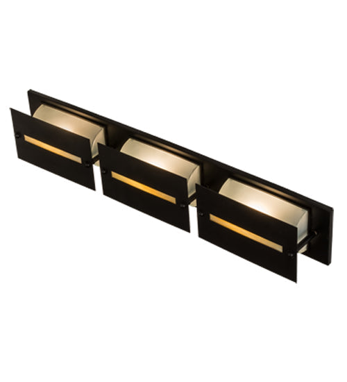 Meyda Lighting Moss Creek 36" 3-Light Solar Black Creekside Vanity Light With Frosted Clear & Beige Shade Glass