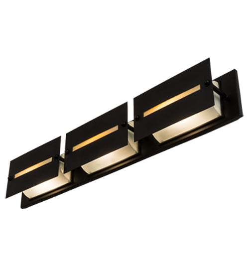 Meyda Lighting Moss Creek 36" 3-Light Solar Black Creekside Vanity Light With Frosted Clear & Beige Shade Glass