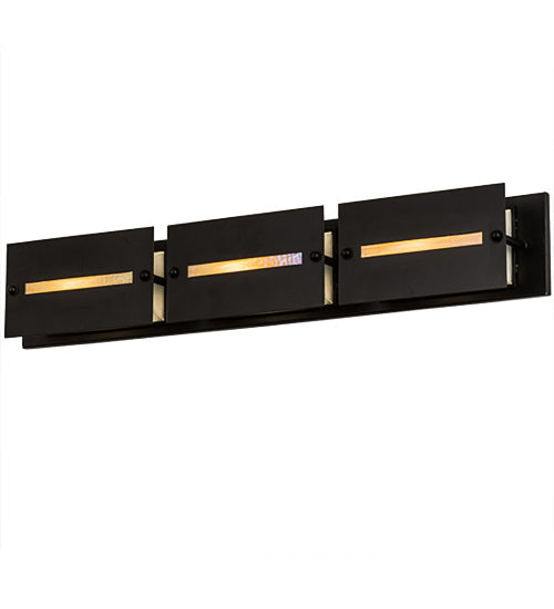 Meyda Lighting Moss Creek 36" 3-Light Solar Black Creekside Vanity Light With Frosted Clear & Beige Shade Glass