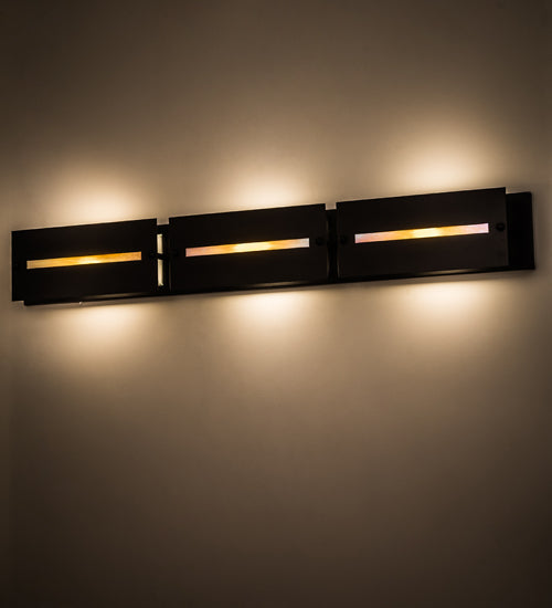 Meyda Lighting Moss Creek 45" 3-Light Solar Black Creekside Vanity Light With Frosted Clear & Beige Shade Glass