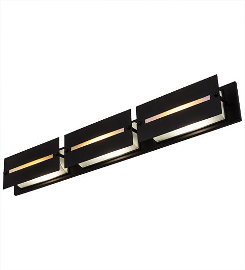 Meyda Lighting Moss Creek 45" 3-Light Solar Black Creekside Vanity Light With Frosted Clear & Beige Shade Glass