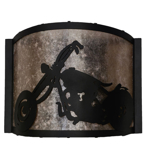 Meyda Lighting Motorcycle 11" Textured Black Wall Sconce With Silver Mica Shade Glass