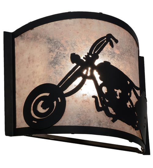 Meyda Lighting Motorcycle 11" Textured Black Wall Sconce With Silver Mica Shade Glass