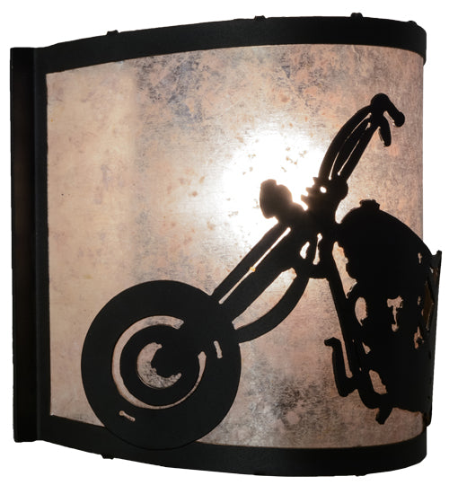 Meyda Lighting Motorcycle 11" Textured Black Wall Sconce With Silver Mica Shade Glass