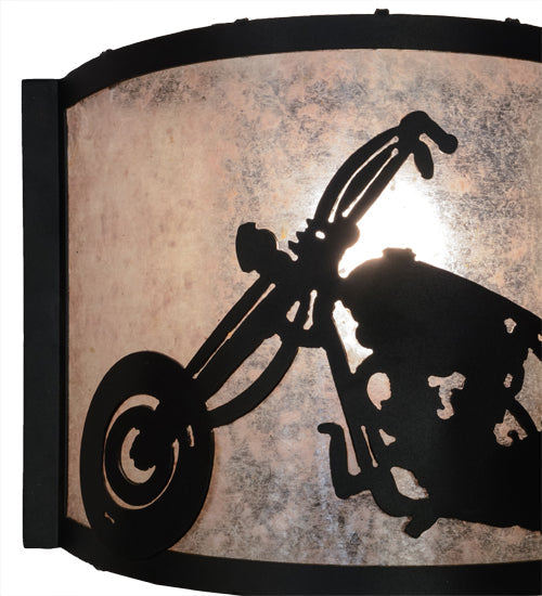 Meyda Lighting Motorcycle 11" Textured Black Wall Sconce With Silver Mica Shade Glass