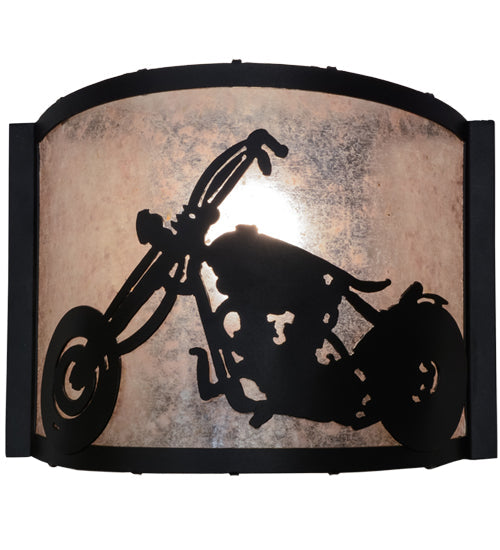 Meyda Lighting Motorcycle 11" Textured Black Wall Sconce With Silver Mica Shade Glass