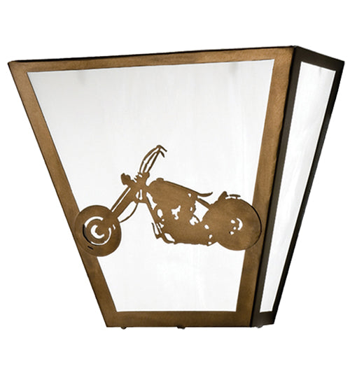 Meyda Lighting Motorcycle 13" 2-Light Antique Copper Wall Sconce With White Art Shade Glass