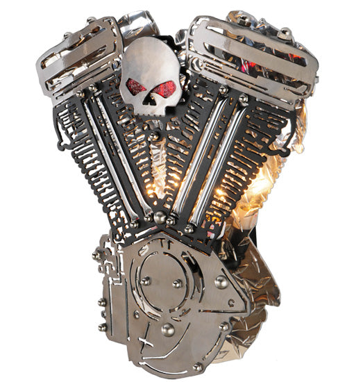 Meyda Lighting Motorcycle 15" 2-Light Extreme Chrome & Textured Black Motor Wall Sconce With Devil Red Idalight Shade