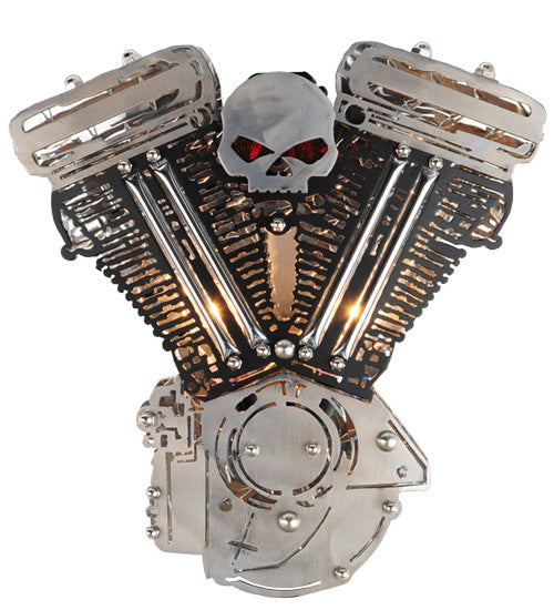 Meyda Lighting Motorcycle 15" 2-Light Extreme Chrome & Textured Black Motor Wall Sconce With Devil Red Idalight Shade