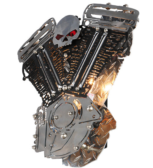 Meyda Lighting Motorcycle 15" 2-Light Extreme Chrome & Textured Black Motor Wall Sconce With Devil Red Idalight Shade