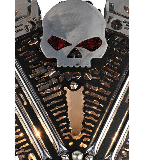 Meyda Lighting Motorcycle 15" 2-Light Extreme Chrome & Textured Black Motor Wall Sconce With Devil Red Idalight Shade