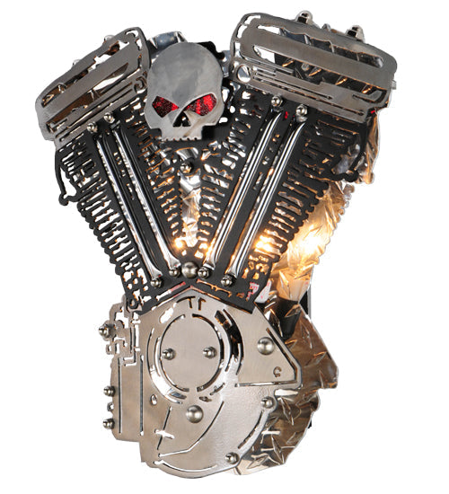 Meyda Lighting Motorcycle 15" 2-Light Extreme Chrome & Textured Black Motor Wall Sconce With Devil Red Idalight Shade