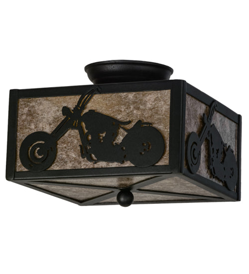 Meyda Lighting Motorcycle 15" 2-Light Textured Black Flush Mount Light With Silver Mica Shade Glass