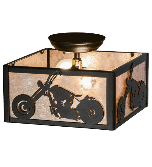 Meyda Lighting Motorcycle 15" 2-Light Textured Black Flush Mount Light With Silver Mica Shade Glass