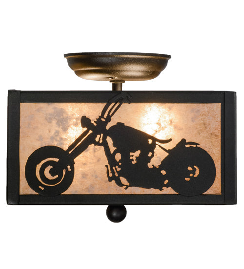 Meyda Lighting Motorcycle 15" 2-Light Textured Black Flush Mount Light With Silver Mica Shade Glass