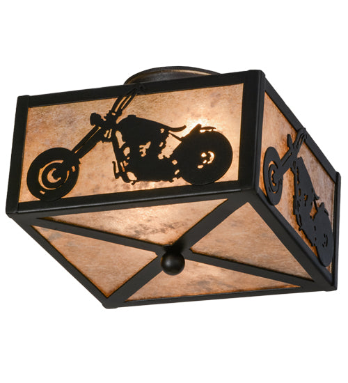 Meyda Lighting Motorcycle 15" 2-Light Textured Black Flush Mount Light With Silver Mica Shade Glass