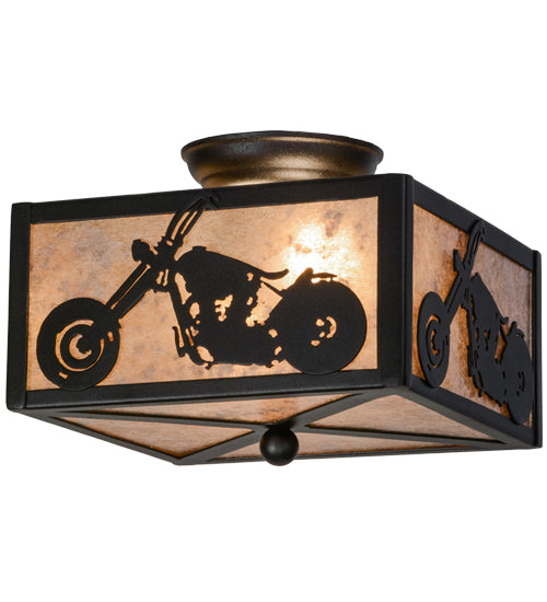 Meyda Lighting Motorcycle 15" 2-Light Textured Black Flush Mount Light With Silver Mica Shade Glass