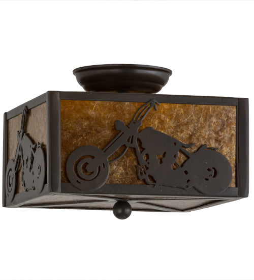 Meyda Lighting Motorcycle 15" 2-Light Timeless Bronze Flush Mount Light With Amber Mica Shade Glass